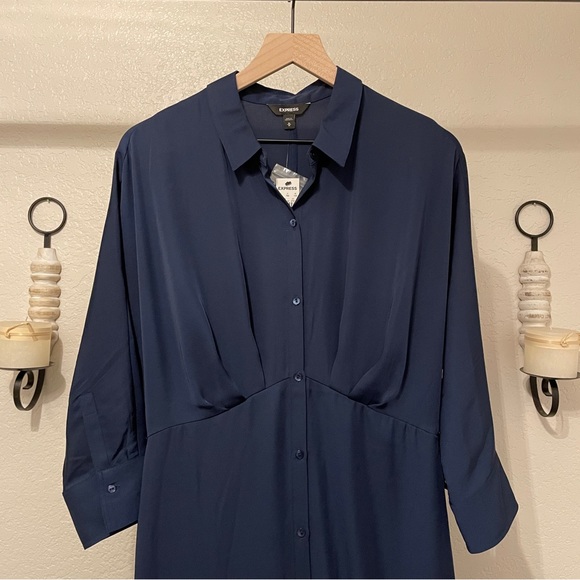 Express Blue 3/4 Sleeve Button Down Collared Midi Dress - Picture 4 of 10